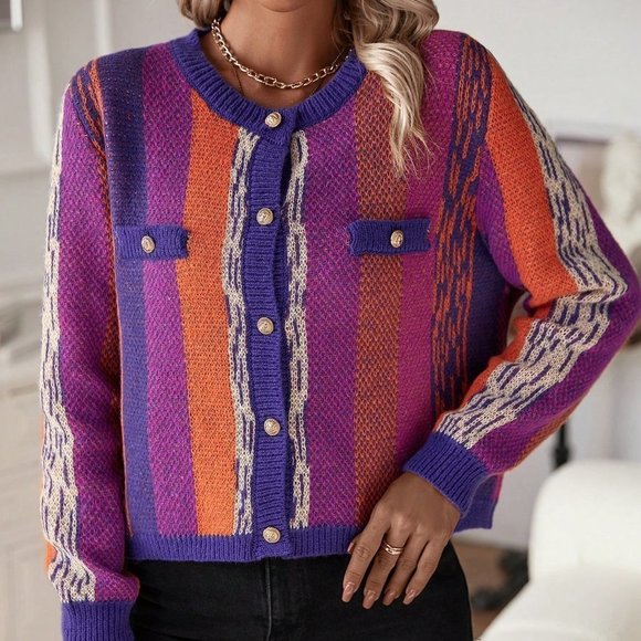 Multicolor Casual Womens Color Block Button Front Cardigan - Picture 4 of 5